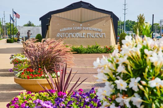 Image of Multiple flower pots with colorful assortment of flowers in front of ACD automobile museum sign