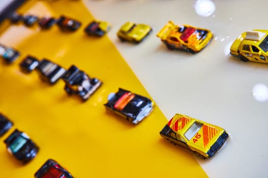 Image of Black and yellow toy cars on shiny white and yellow background split diagonally