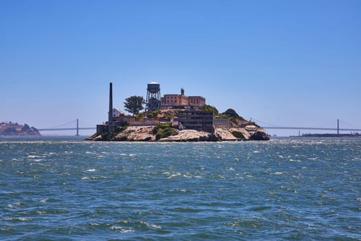 Image of San Francisco Bay with Alcatraz Island and Oakland Bay Bridge behind island