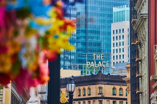 Image of The Palace building with sign overhead and colorful blurred flowers on left half of photo
