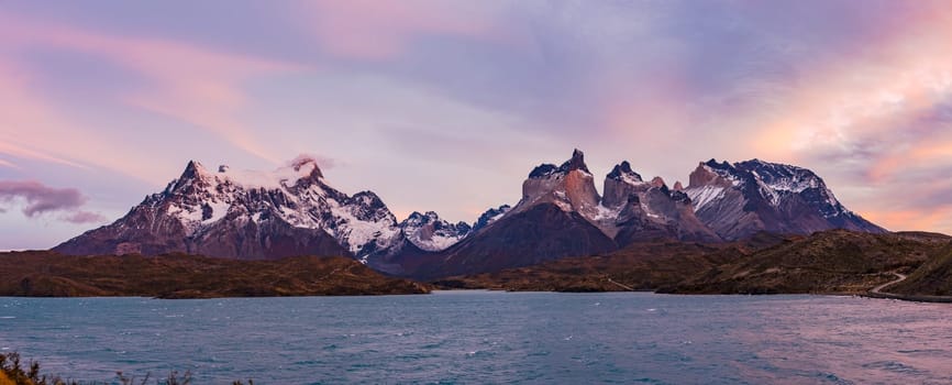 Picturesque morning atmosphere before sunrise at Torres del Paine mountain range with Cerro Paine Grande and Los Cuernos, Chile, Patagonia, South America