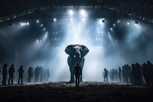 Silhouette of a large elephant and a small man in the arena. Circus performance concept.