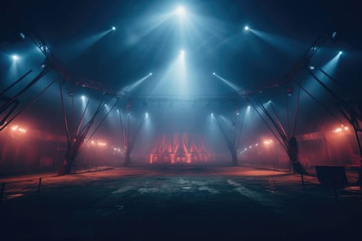 Circus arena in the light of spotlights, stage of a moving circus. Touring circus.