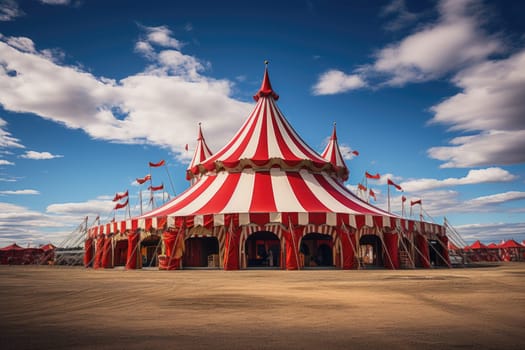 Circus tent against the blue sky with clouds. Circus poster, poster. World Circus Day.