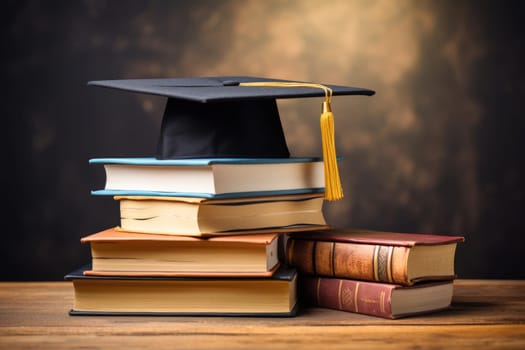 Graduation cap on a stack of books on wooden desk , education background.