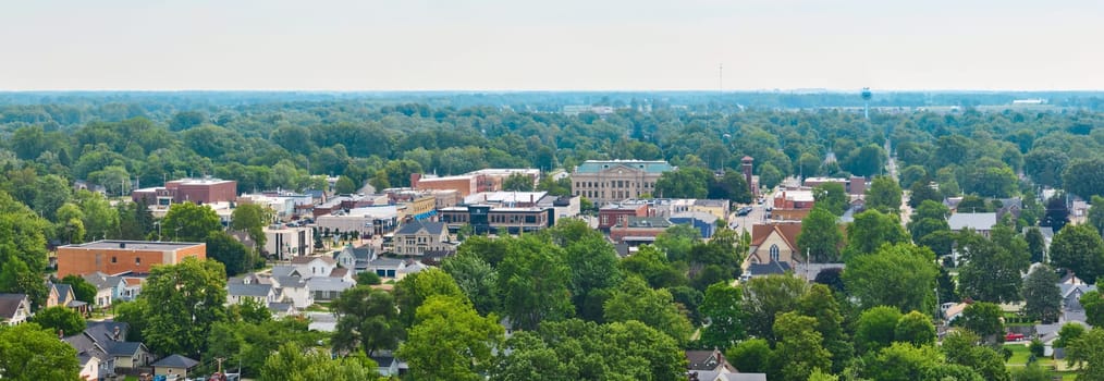 Image of Wide panoramic view of downtown Auburn with Dekalb County Court House in back aerial