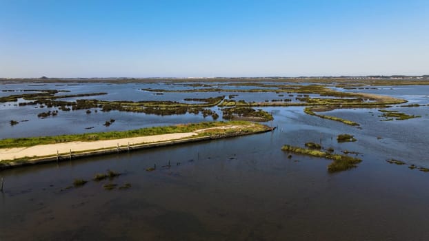 Aerial View of Ribeira das Teixugueiras near the Aveiro Lagoon at Pardilho, Aveiro, Portugal.