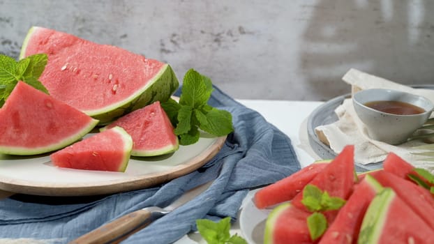 Fresh ripe sliced watermelon on white background.