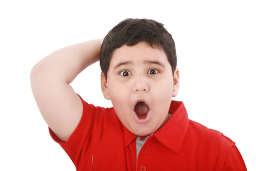 amazed young boy portrait isolated on white background