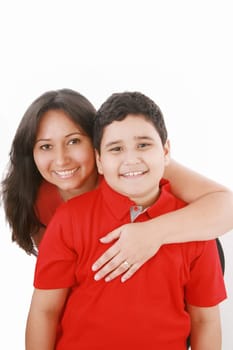 mother embarce her son on white background