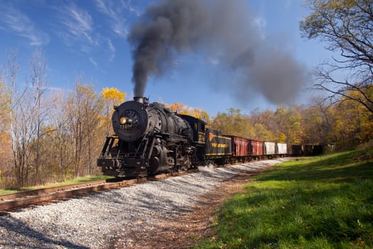 CUMBERLAND, MD - OCTOBER 17: Western Maryland Railroad steam train on October 17, 2011. This scenic railroad offers excursions pulled by a 1916 Baldwin locomotive