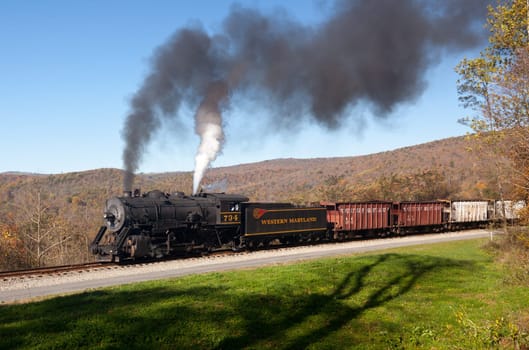 CUMBERLAND, MD - OCTOBER 17: Western Maryland Railroad steam train on October 17, 2011. This scenic railroad offers excursions pulled by a 1916 Baldwin locomotive