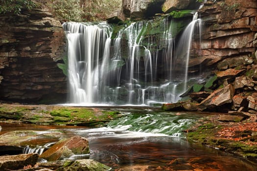 Slow shutterspeed photo of Elakala falls in Blackwater State park in West Virginia