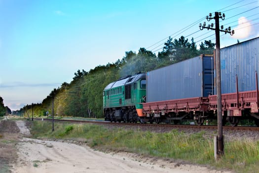 Freight train hauled by the diesel locomotive passing the forest