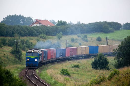 Rural landscape with the container train passing through countryside