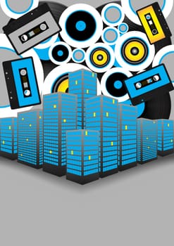 Retro Party Background - Audio Tapes, Vinyl Records and Skyscrapers on Grey Background