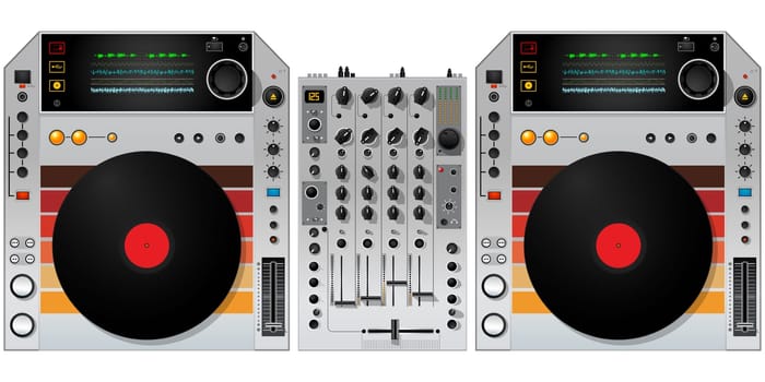 Realistic professional DJ mixer and turntables, isolated and grouped objects over white background. No mesh or transparencies used.