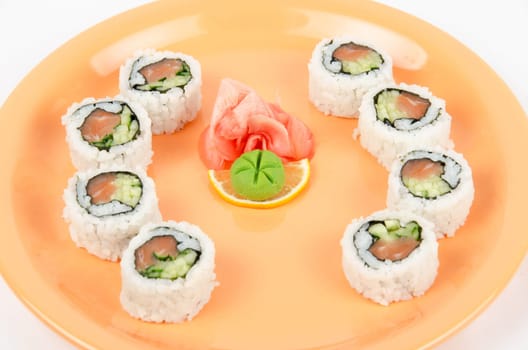 Closeup japanese sushi set at plate on a white