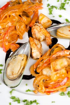 Shrimps mussels and squid tasty seafood dish