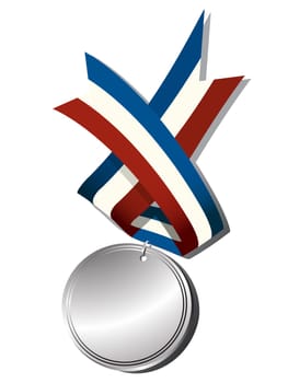 Realistic silver medal and ribbon, isolated objects over white background