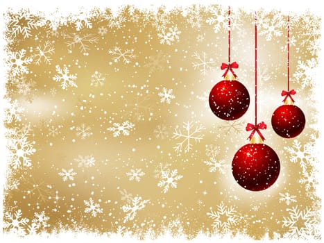 Hanging baubles on a golden snowflake background