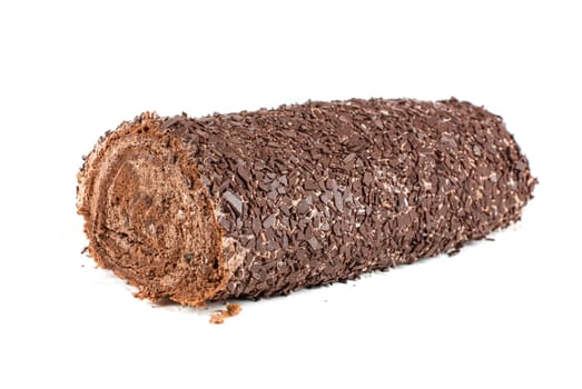 Chocolate Swiss roll closeup isolated on a white background