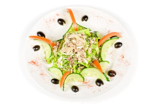 Salad of tuna fish with string beans, eggs, lettuce, boiled potato and fresh cucumbers and tomato