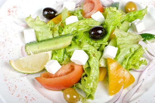 Greece salad closeup dish. Soft focus