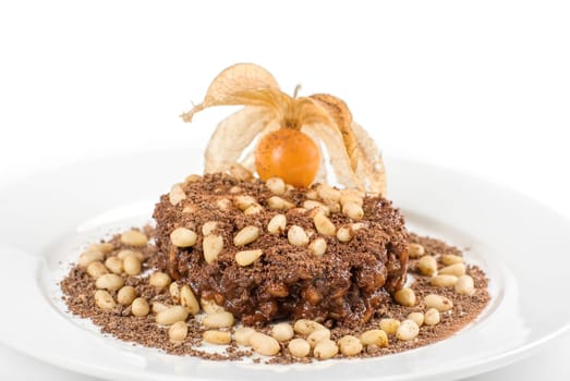 Chocolate risotto dessert closeup isolated on a white background