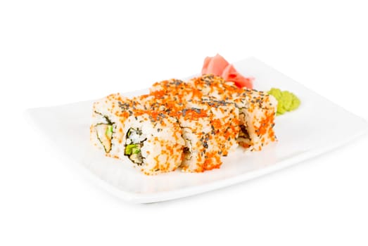 Sushi rolls at plate isolated on a white