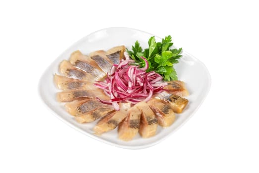 Marinated herring fillets closeup with onion
