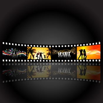 Illustrations of people dancing on a film strip background