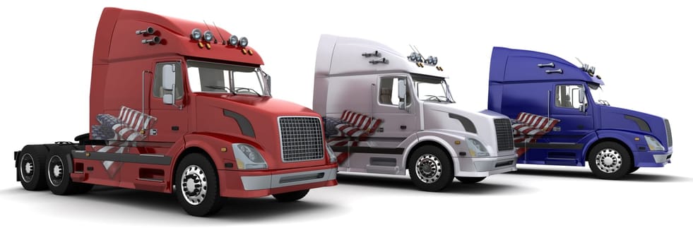 3D render of 3 American semi-trucks with flag