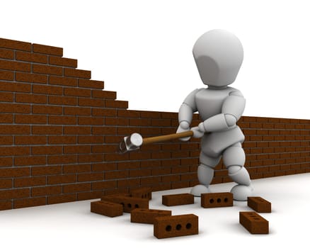 3D render of a man demolishing a wall with a sledge hammer
