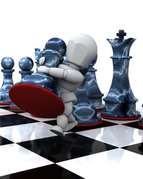 3D render of a man playing chess moving a pawn
