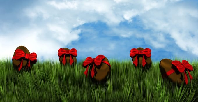3d Render of easter eggs in a spring field with bows