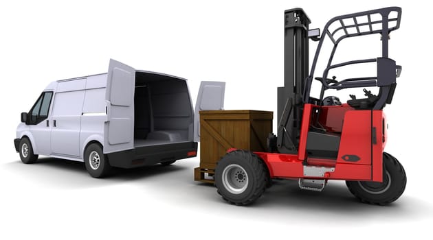 3d render of forklift truck loading a van