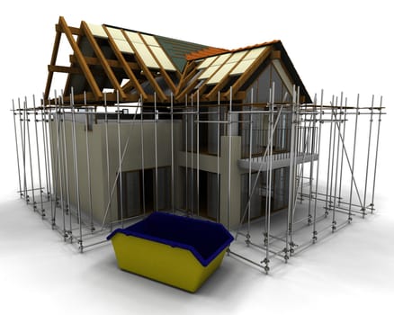 3D render of contemporary house under construction with scaffold