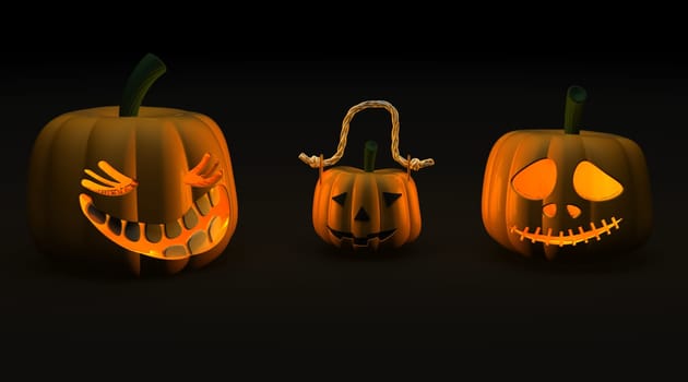 3D render of spooky halloween jack-o-lantern pumpkins