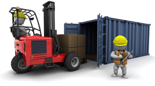 3d render of man in forklift truck loading a container