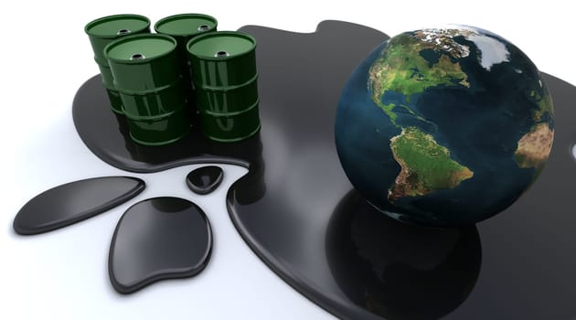 3D render of Oil drums and globe sat in spilt oil