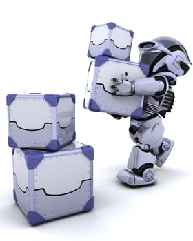 3D render of a robot moving shipping boxes