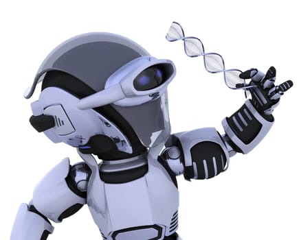 3D render of a robot inspecting a DNA strand