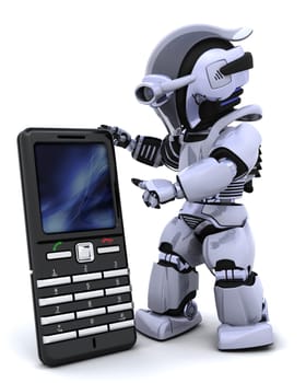 3D render of a robot character witha a smart phone