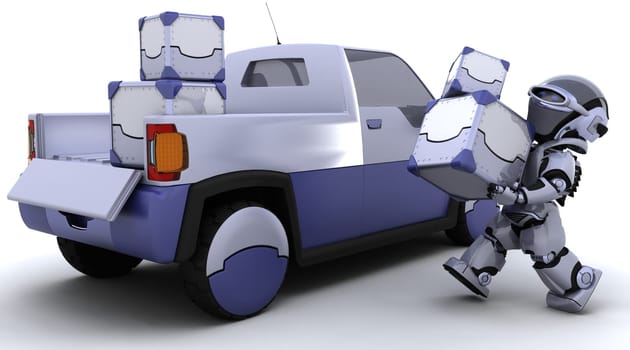 3D render of robot loading boxes into the back of a truck