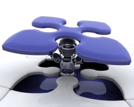 3D render of a robot with the final piece of the jigsaw puzzle