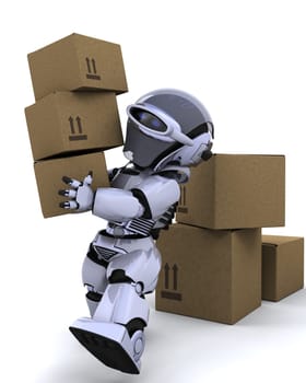 3D render of a robot moving shipping boxes