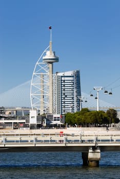 Tower Vasco da Gama with cable car, Lisbon, Portugal