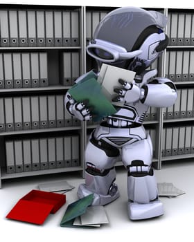 3D Render of robot filing documents