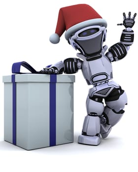 3D render of a robot with christmas gift box with bow